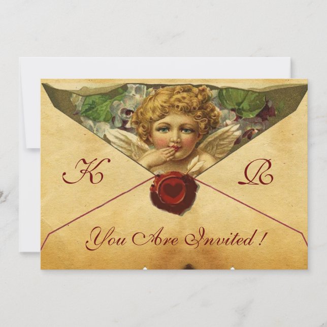 INVITATION CŒUR D'ANGE SCEAU DE CIRE PARCHEMIN MONOGRAMME (Devant)