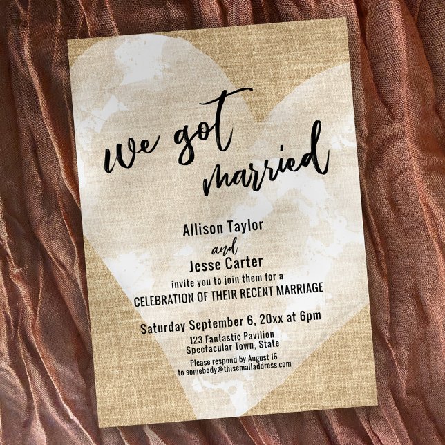 Invitation Coeur d'aquarelle blanche Nous avons épousé Burlap (Créateur téléchargé)