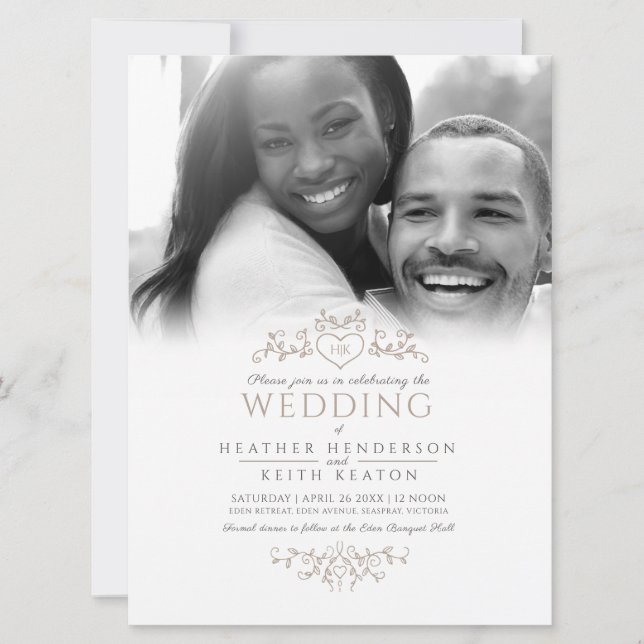 Invitation Coeur d'art de la ligne feuille monogramme tan pho (Devant)