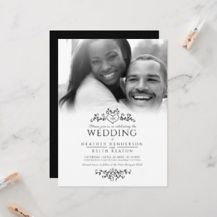 Invitation Coeur d'art feuille monogramme noir photo mariage