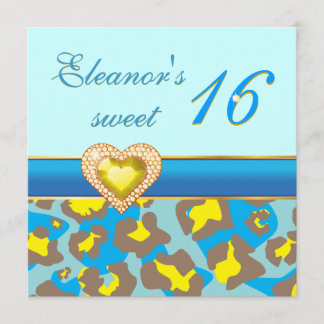 Invitation coeur de bijou léopard bleu sweet sixteen