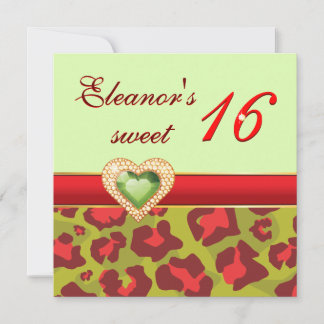 Invitation coeur de bijou léopard vert sweet sixteen