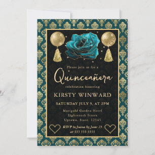 Invitation Cœur de damas sarcelle et or et Rose Quinceanera