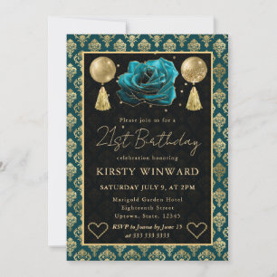 Invitation Cœur de Damas sarcelle et or & Rose 21e Anniversai