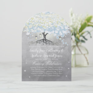 Invitation Cœur de feuille bleu poudre Arbre Bois Boho Mariag