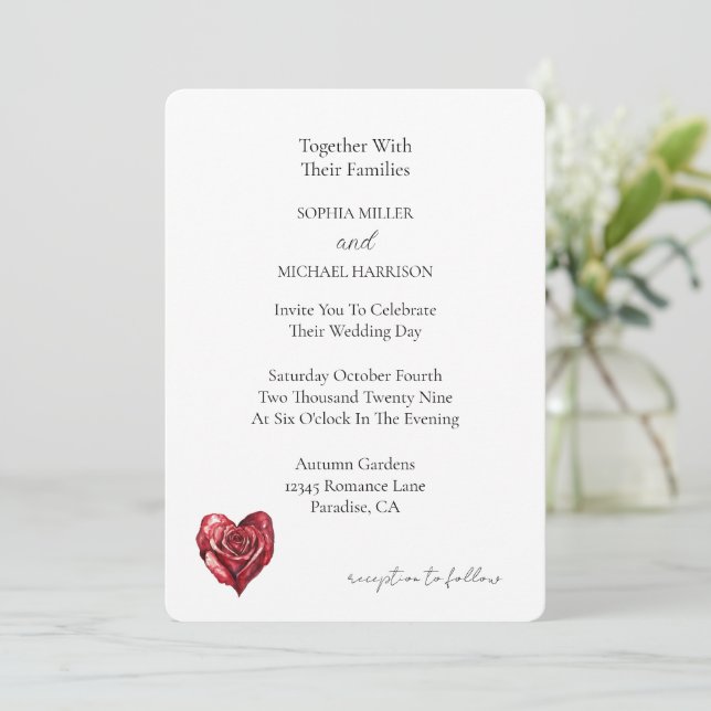 Invitation Cœur de fleur de rose rouge romantique Mariage (Debout devant)