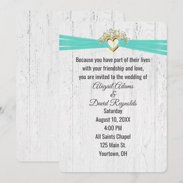 Invitation Cœur de mariage avec ruban turquoise sur bois  (Devant / Derrière)