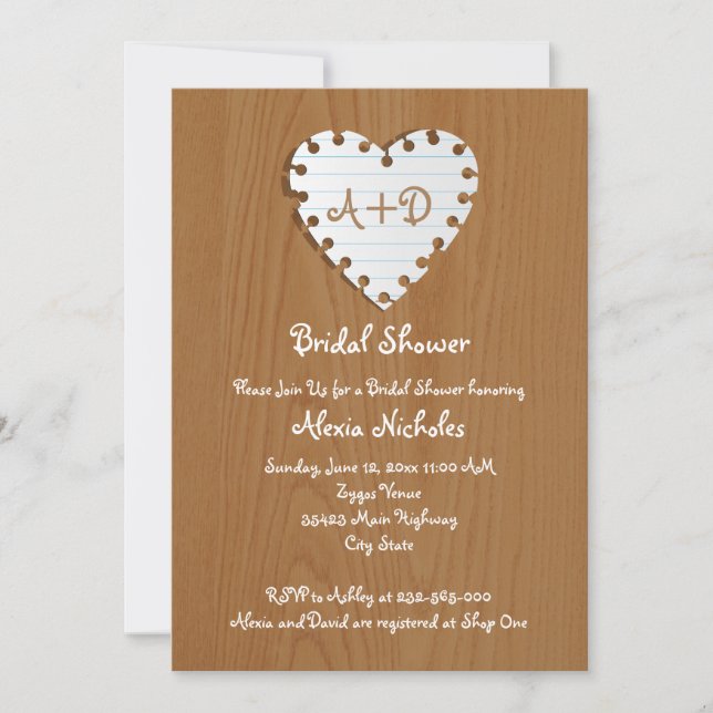 Invitation Coeur de papier sur bois mariage douche nuptiale (Devant)