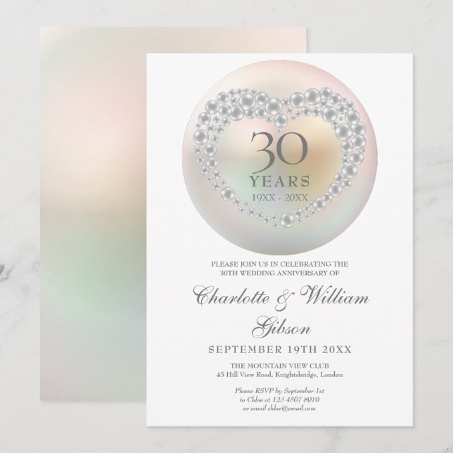 Invitation Cœur de perle chic 30e anniversaire de mariage (Devant / Derrière)