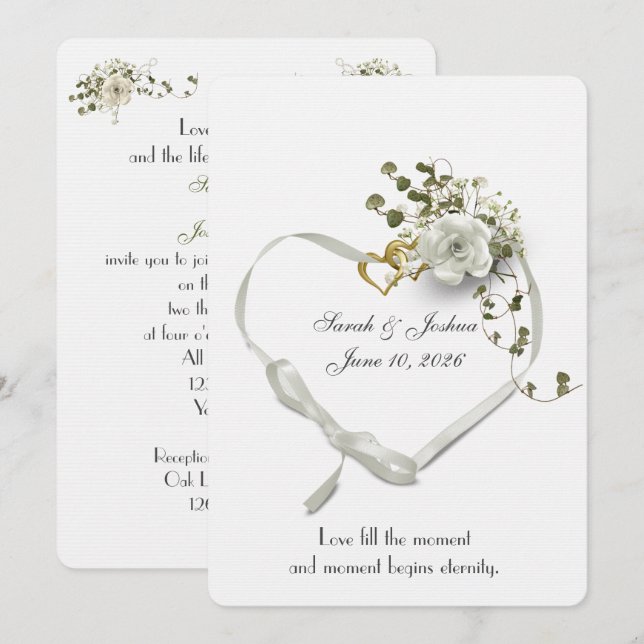 Invitation Coeur de ruban blanc mariage avec anneaux Invitati (Devant / Derrière)