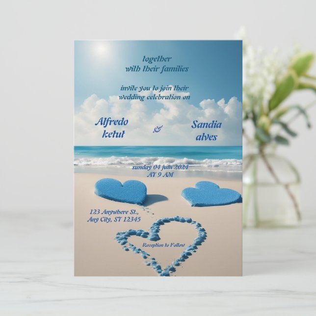 Invitation coeur d'été plage océan bleu mariage (Debout devant)