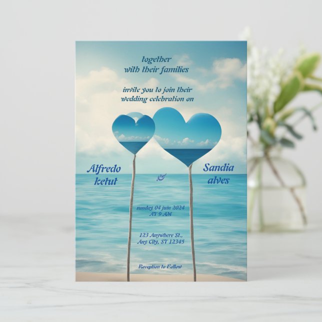 Invitation coeur d'été plage océan bleu mariage (Debout devant)