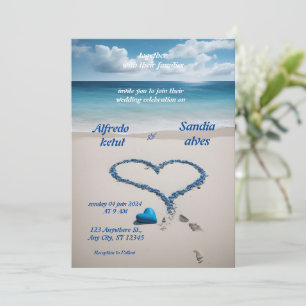 Invitation coeur d'été plage océan bleu mariage