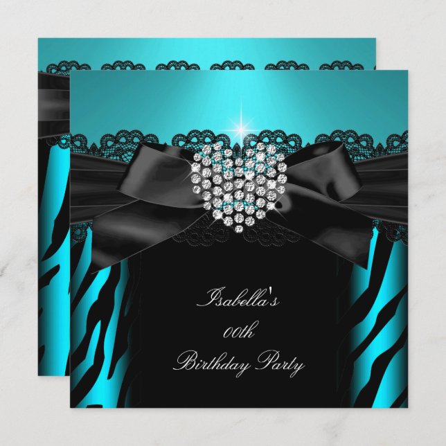 Invitation Coeur Diamant bleu turquoise Zebra Anniversaire Pa (Devant / Derrière)