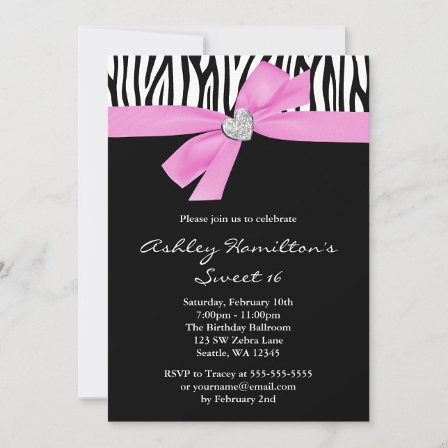 Invitation Coeur Diamant de cou rose Zebra Sweet 16 (Devant)