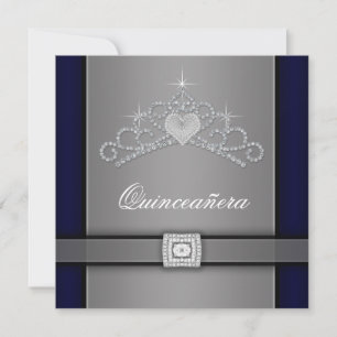 Invitation Coeur Diamant Noir Argent Tiara Quinceanera