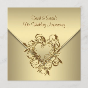 Invitation Cœur Doré Élégant Or 50e Anniversaire de Mariage