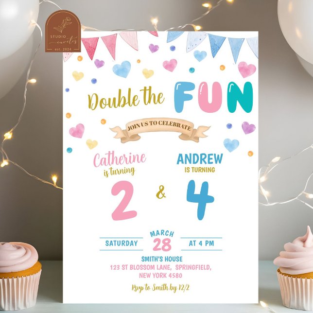 Invitation Cœur Double Célébration Garçon Fille Anniversaire  (Créateur téléchargé)