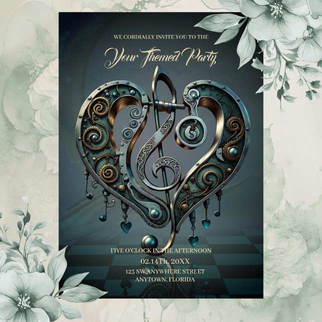 Invitation Coeur élégant avec clef en style steampunk. (Music)