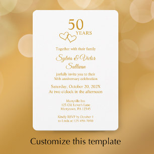 Invitation Cœur Élégant Doré 50e Anniversaire de Mariage