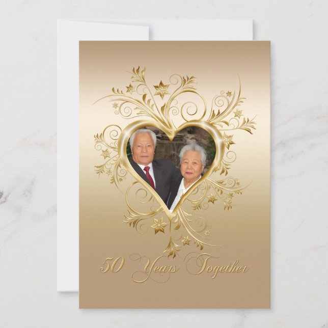 Invitation Cœur Élégant Tourbillons 50e Photo Anniversaire (Devant)