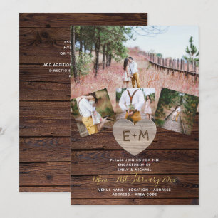 Invitation Cœur en bois rustique gravé COLAGE PHOTO FIANCÉS