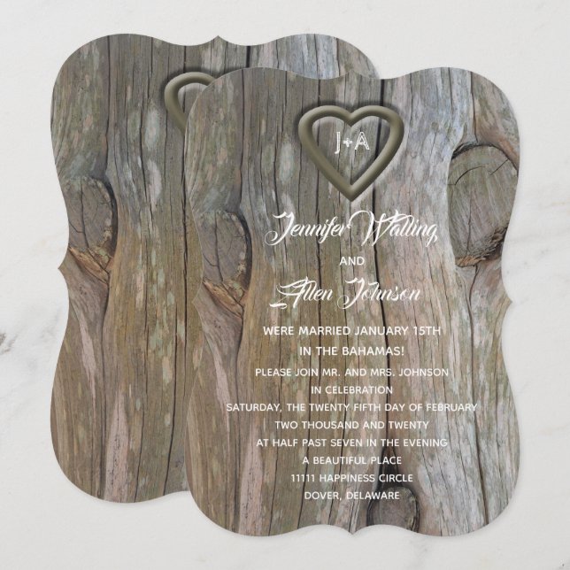 Invitation Coeur en bois sculpté de la réception de mariage (Devant / Derrière)