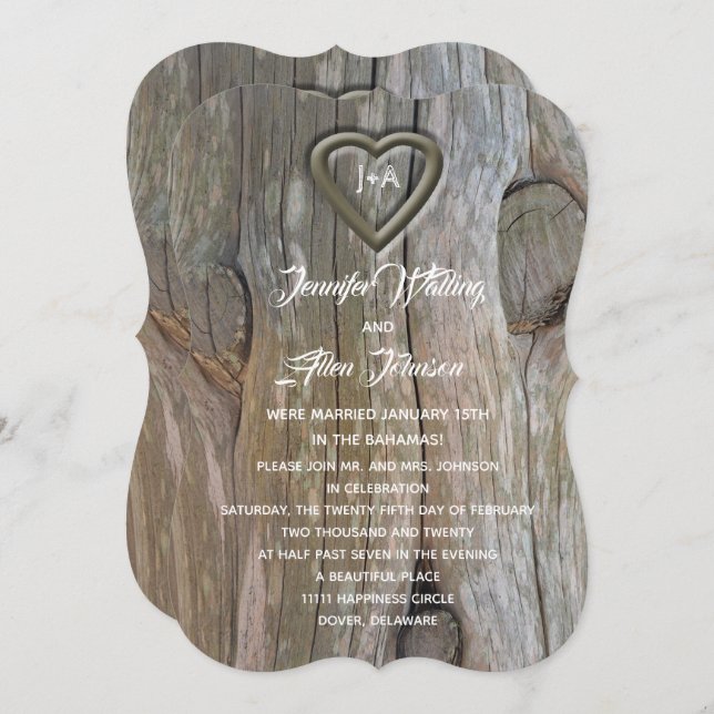 Invitation Cœur en bois sculpté Réception de mariage après la (Devant / Derrière)
