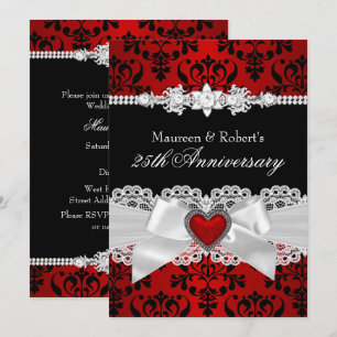 Invitation Cœur en damas noir rouge 25e anniversaire