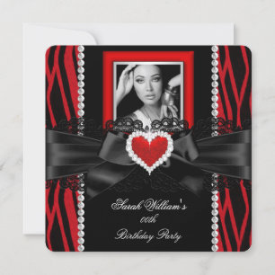 Invitation Cœur en diamant à dentelle zèbre rouge Photo fête 