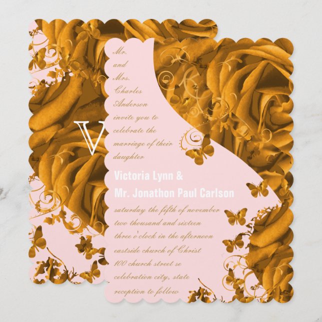 Invitation Cœur en Or Rose et Roses de Mariage (Devant / Derrière)