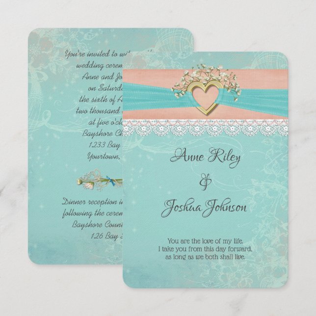 Invitation Coeur et ruban Mariage romantique (Devant / Derrière)