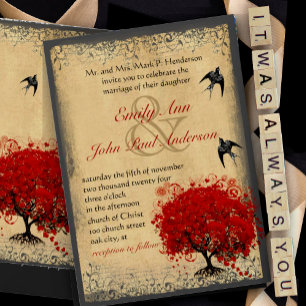 Invitation Coeur Feuille Rouge Arbre Vintage Oiseaux Mariage 