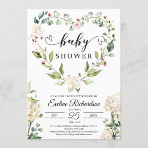 Invitation Coeur fleuri vert couronne blanc roses bébé