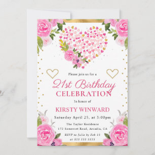 Invitation Cœur Fleurs Or Rose Aquarelle 21e Anniversaire