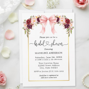 Invitation Cœur floral aquarelle douche de mariée ruban rose 