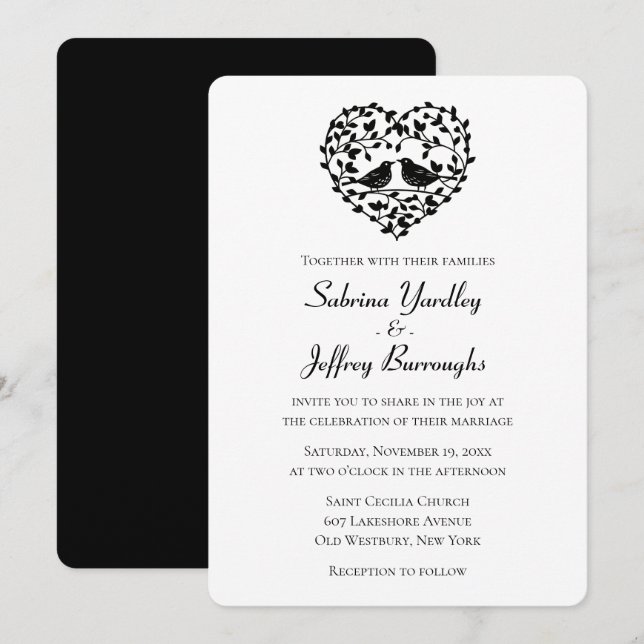 Invitation Coeur Floral Mariage Noir Et Blanc (Devant / Derrière)