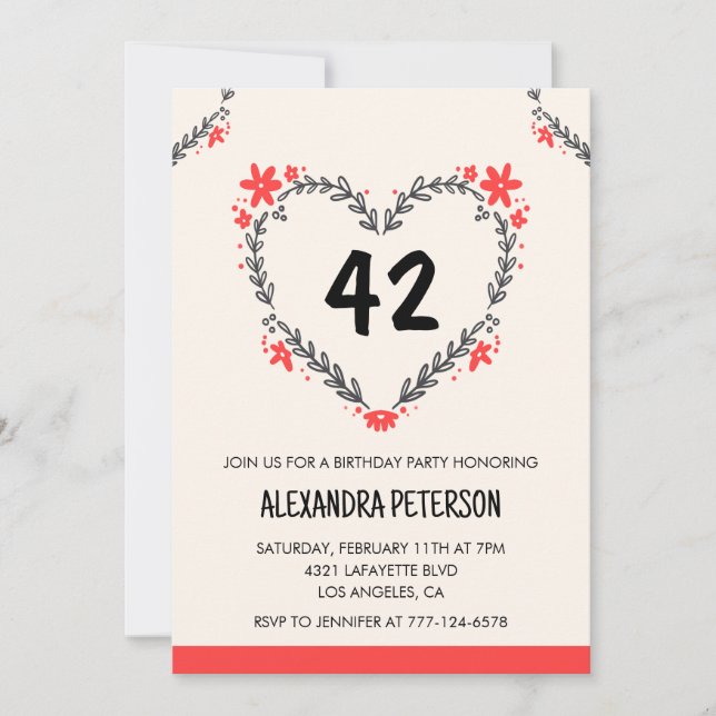 Invitation Cœur floral moderne pour elle pour son 42e anniver (Devant)