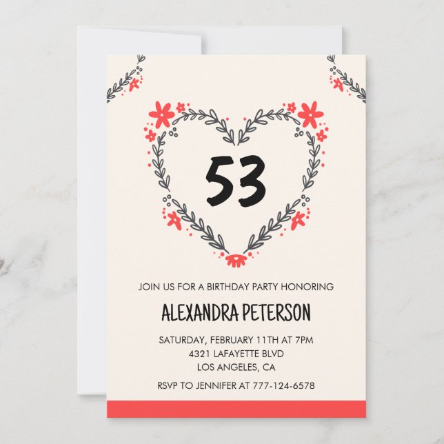 Invitation Cœur floral moderne tout âge pour ses 53 ans (Devant)