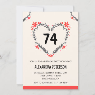 Invitation Cœur floral moderne tout âge pour son 74e annivers