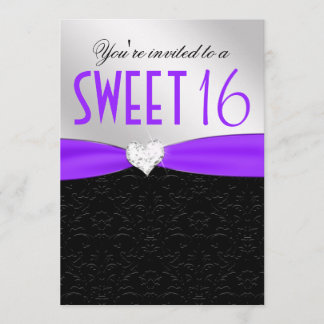 Invitation Coeur floral pourpre et noir de diamant de damassé