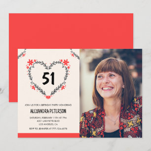 Invitation Cœur floral rouge élégant pour son 51e anniversair