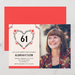 Invitation Cœur floral rouge élégant pour son 61e anniversair
