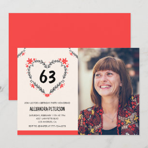 Invitation Cœur floral rouge élégant pour son 63e anniversair