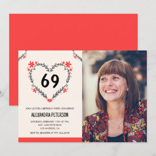 Invitation Cœur floral rouge élégant pour son 69e anniversair
