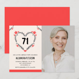 Invitation Cœur floral rouge élégant pour son 71e anniversair