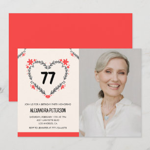 Invitation Cœur floral rouge élégant pour son 77e anniversair