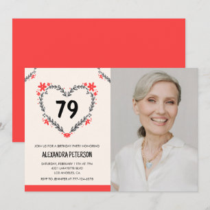 Invitation Cœur floral rouge élégant pour son 79e anniversair