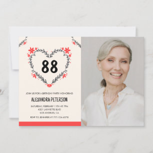 Invitation Cœur floral rouge élégant pour son 88e anniversair
