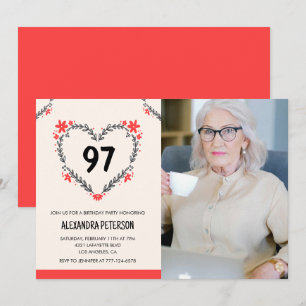 Invitation Cœur floral rouge élégant pour son 97e anniversair